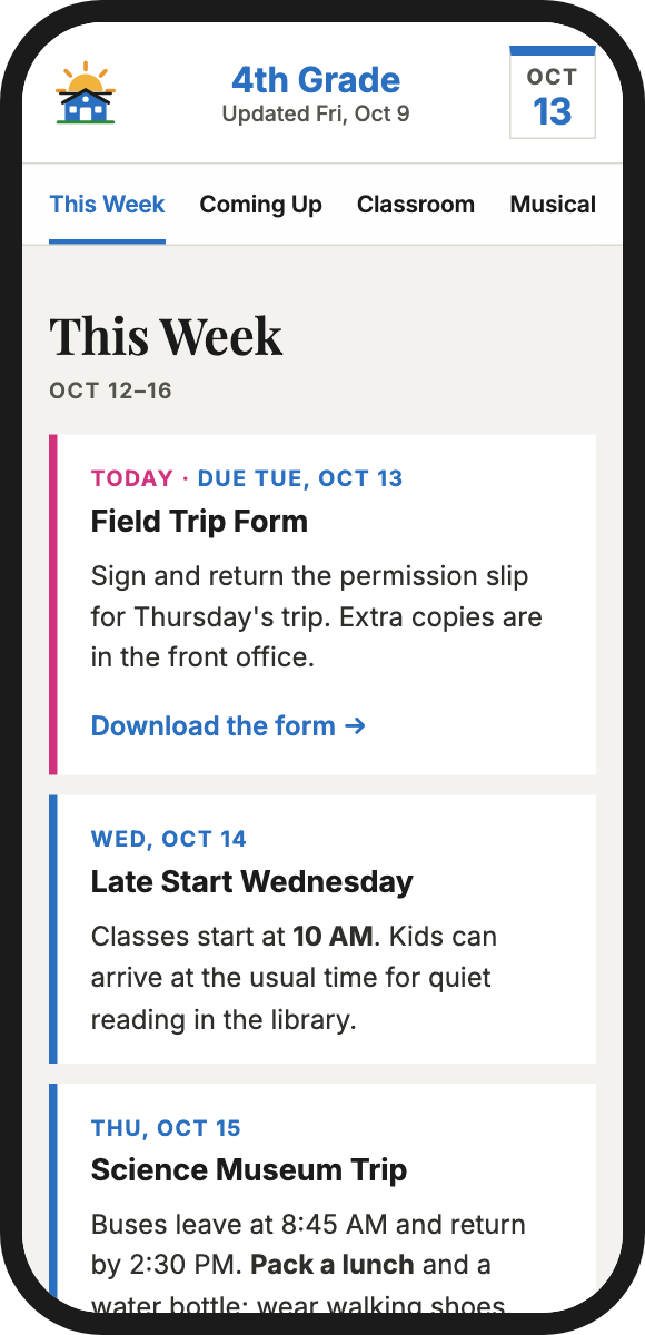 The 4th grade class page for the week of Oct 12: field trip form due Tuesday, late start Wednesday at 10 AM, science museum trip Thursday with a packed lunch